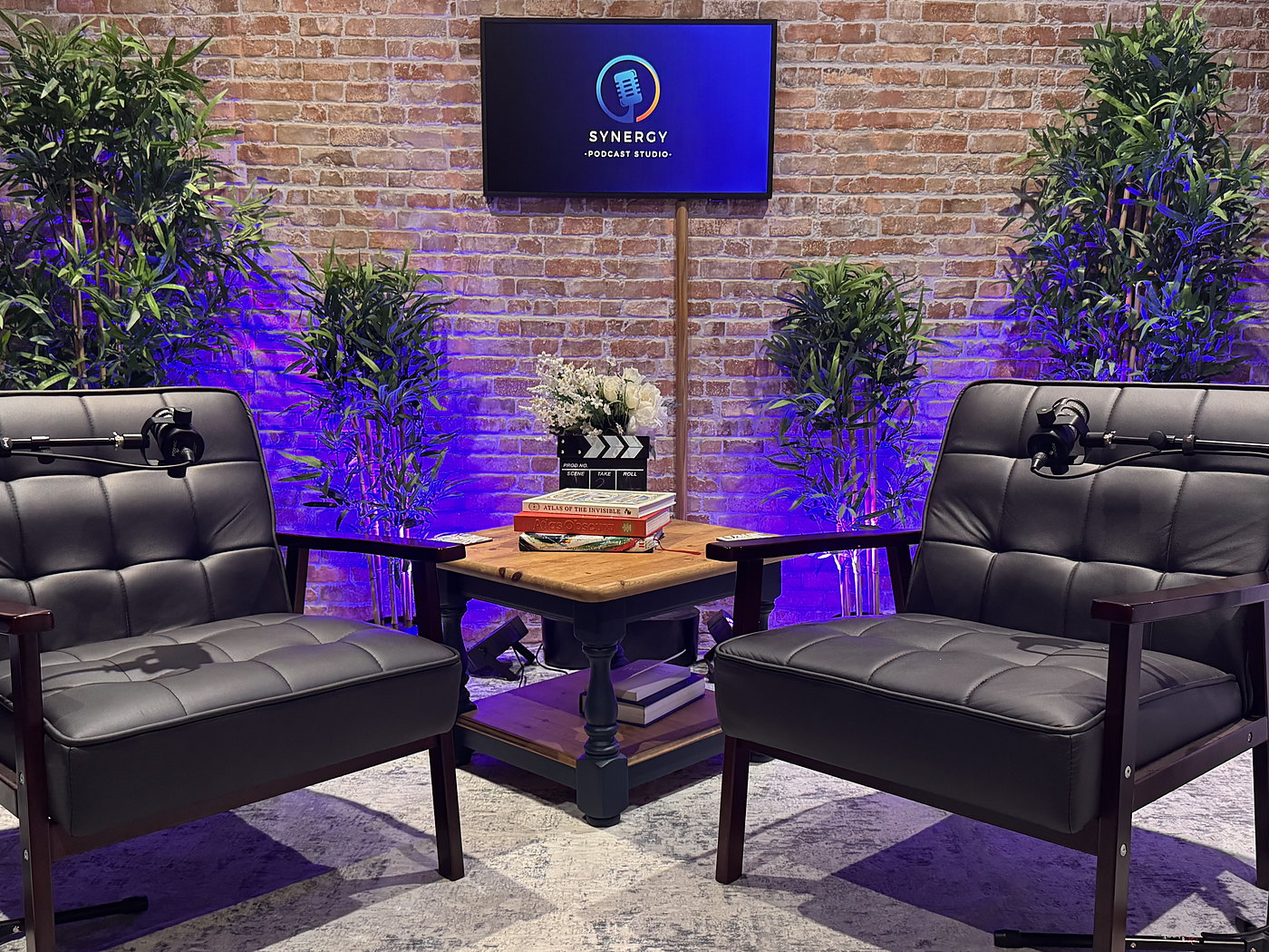 Black Chairs and brick wall setup